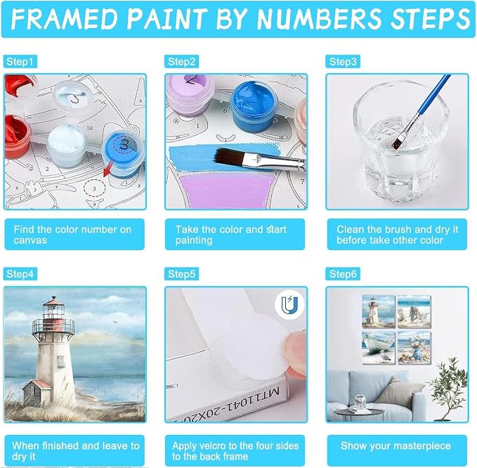 4 Packs Beach Paint by Numbers Kit for Adults Beginners with Frame, DIY Sea Side Adult's Paint by Number on Canvas, Watercolor Oil Painting Numbers Arts and Crafts Kits for Home Wall Decor 8 x 8 Inch