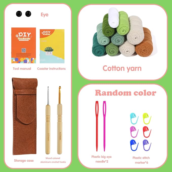 FTEVEN Crochet Kit for Beginners, 6PCS Coasters Crochet Starter Kit Plant
