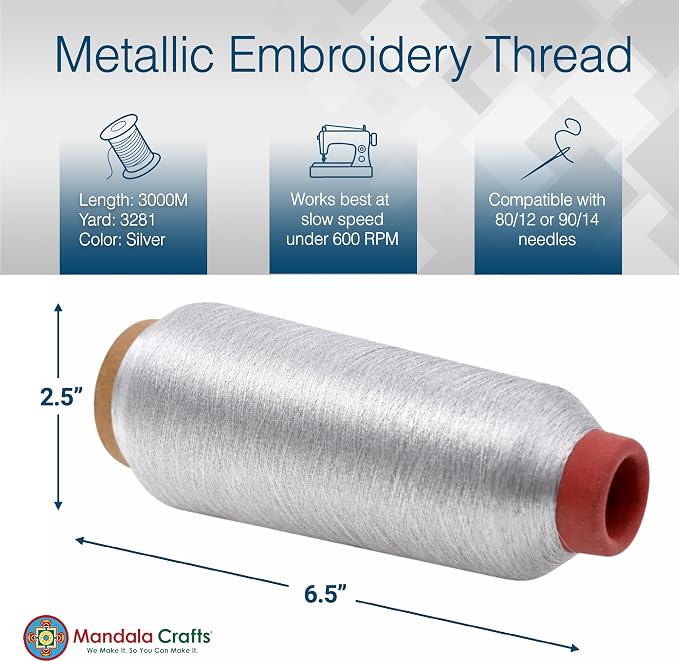 Mandala Crafts Metallic Silver Embroidery Floss for Sewing, 3281 Yard Spool
