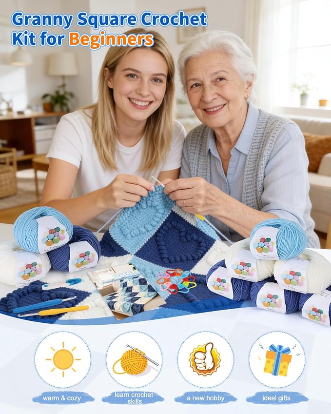 Coopay Crochet Kit for Beginners, 3D Heart Granny Square Blanket Kit, Set B