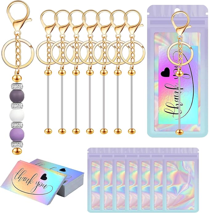 42/84/126 Pcs Beadable Keychain Bars Bulk Blank DIY Beaded Keychain Making Supplies with Bag Thank You Card