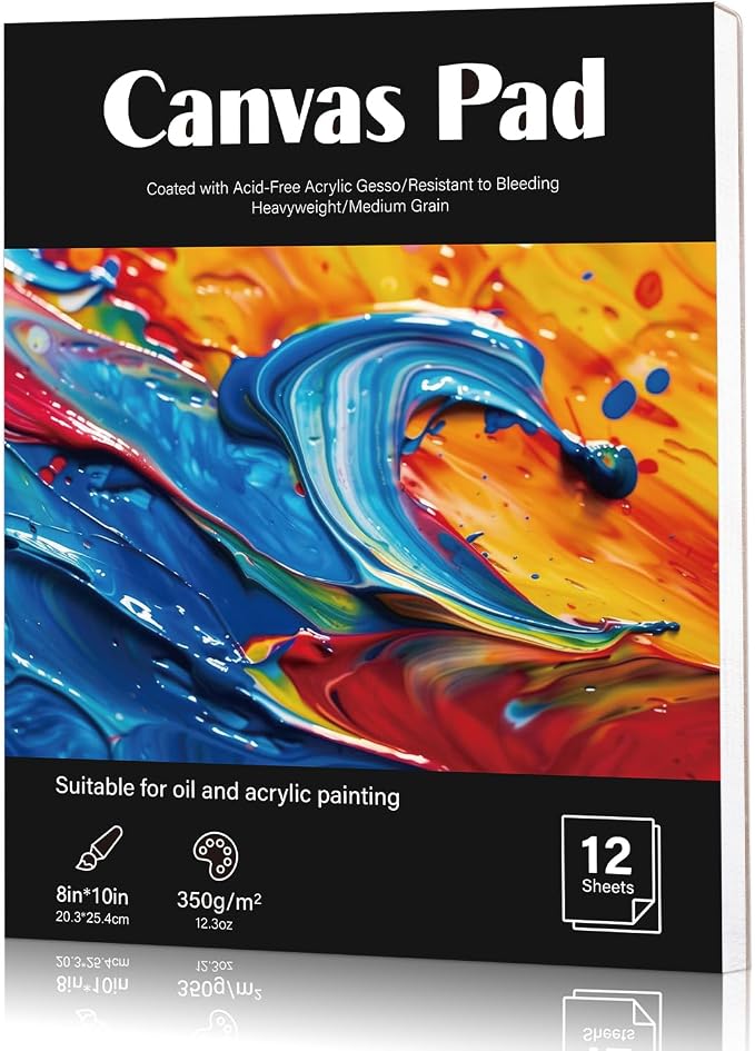 12 Sheets Canvas Paper Pad 8 x 10 in, 350 GSM, Glue Bound | Canvas Texture, Single-Sided Glue Binding, for Acrylic, Oil, Gouache and Marker, Portable for Travel Or Outdoor Sketching