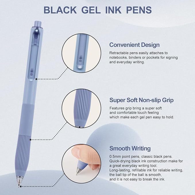 Linbsunne Gel Pens, 0.5mm Black Ink Pens Quick Dry, 12-count