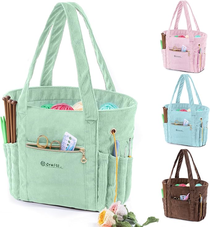 MYBAGZING Corduroy Crochet Bag 11.5" Large Yarn Storage Tote with Grommets, Needle Holders – Knitting Bag Organizer for Crochet Hooks, Accessories, Tools & Projects –Gift for Knitters & Crafters