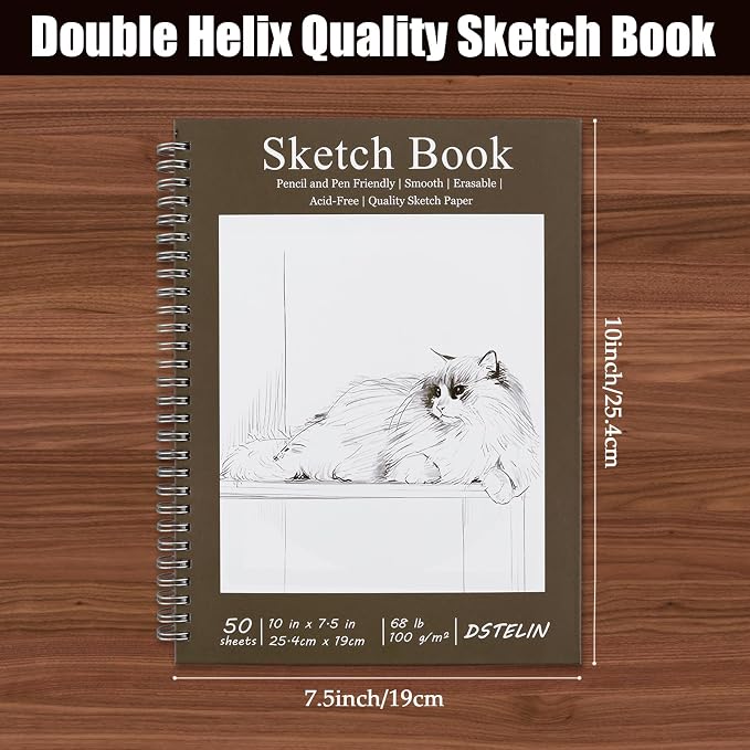 DSTELIN 10 x 7.5 Inch Spiral Bound Sketch Book for Drawing, 50 Sheets 68LB/100GSM Acid-Free Paper, Hardcover Sketch Pad for Students and Adults