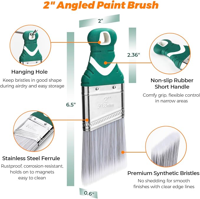 3 Pack 2" Angled Paint Brush Set, Synthetic Bristles, Rubber Short Handle | PinStone Smooth Finish Paint Brushes for Precise Painting Walls, Cabinets, Sash, Edge, Corner, Cut in, Trim, Touch up, Edging