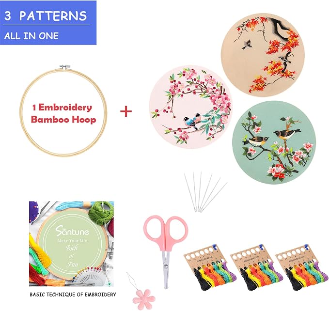 Santune 3 Pack Embroidery Kit for Adults Cross Stitch Kits for Beginners with Bird Patterns,3 Instructions,1 Hoop,Threads and 6 Needles,Hand Needlepoint Sets for Women