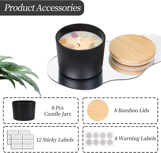CONNOO 8 Pack 12 OZ Black Glass Wide Mouth Candle Jars