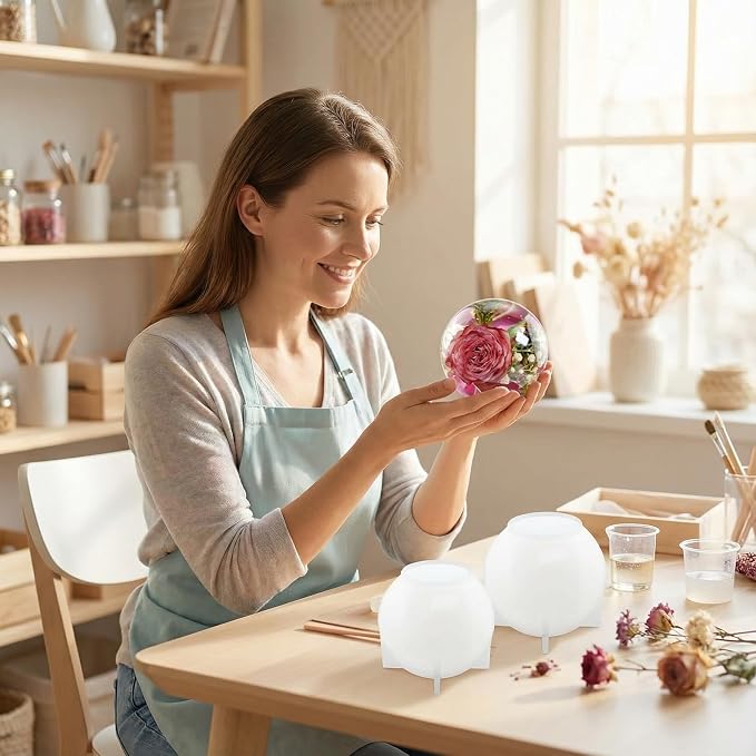 Silicone Resin Sphere Mold Set, White, 4.7" and 3.9" Large Round Ball Molds for Flower Preservation, Epoxy Resin Casting, Candles, Soap Making, DIY Crafts, 2 Pack
