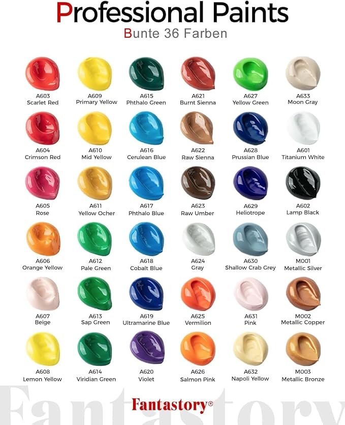 Fantastory 60ml 36 Colors Acrylic Paint Set with 12 Brushes | Professional Series, Thick Paints for Adults, Canvas, Wood, Fabric, Ceramic, Rock Painting