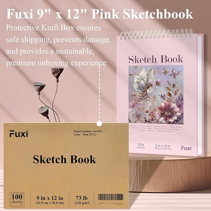 Cute Sketchbook Pink, 9"x12" Sketch Book for Teen Girls, 100 Sheets Girl Sketchbook 73lb/120gsm Drawing Paper for Kids, Art Supplies for Teens 14-16 Girls, Mothers Day Gifts.