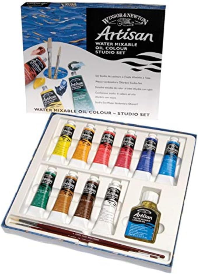 Winsor & Newton Artisan Water Mixable Oil Paint, Studio Set, 10 x 37ml | Clean with water; no solvents needed. Color depth, lightfastness, opacity/transparency are the same as traditional oils.