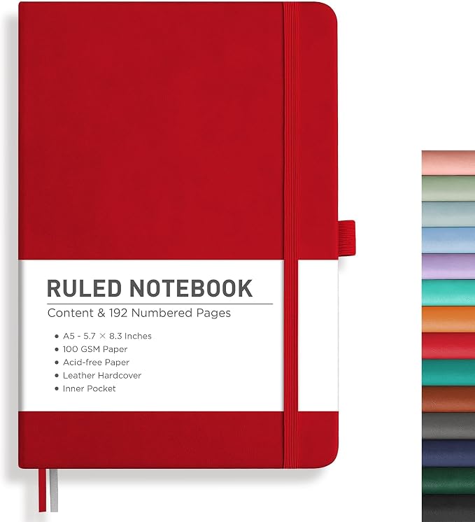 RETTACY Lined Journal Notebook, 192 Numbered Pages, A5 Size (5.7'' x 8.3'') | Leather Hardcover, 100 GSM Thick Paper, for Men & Women, Journaling, Writing, Work & Office (Red)