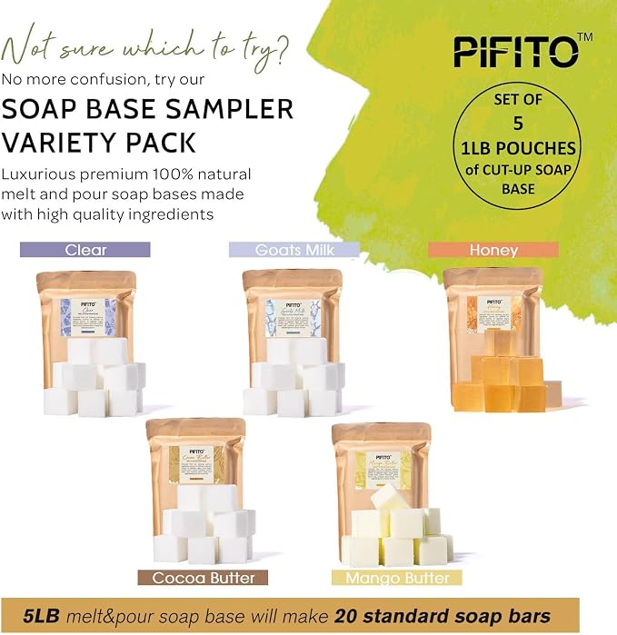 Pifito Pre-Cut Melt and Pour Soap Base Sampler (5 lbs) │ Cut-Up Pieces of Soap Base (1lb ea) │ Goats Milk, Honey, Clear, Cocoa Butter, Mango Butter │ Glycerin Soap Making Supplies Kit