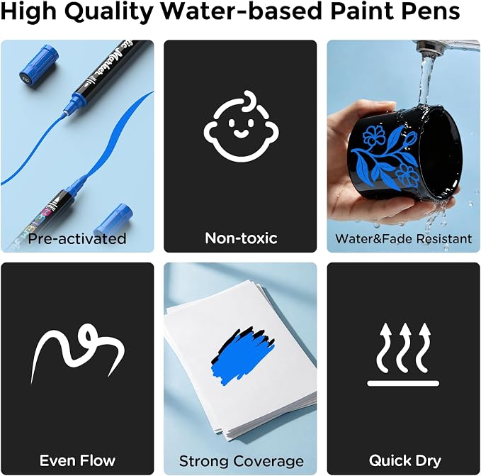 Betem 2 Blue Paint Markers for Glass, Dual Tip Acrylic Paint Pens | Window, Fabric, Wood, Rock, Canvas, Acrylic Markers with Fine & Brush Tip, Art & Craft Supplies, Wine Glass Markers