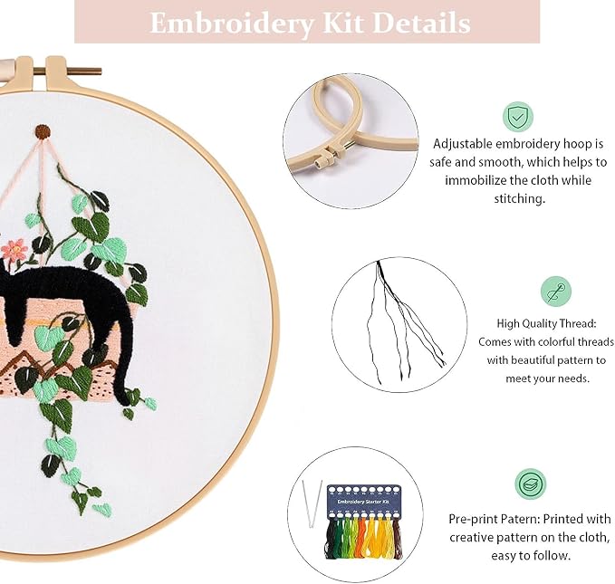 GLTAYLMY 3pcs Embroidery Kit for Beginners DIY Adult Beginner Embroidery Kits with Cat Pattern 1 Embroidery Hoops Needles Threads and Instructions