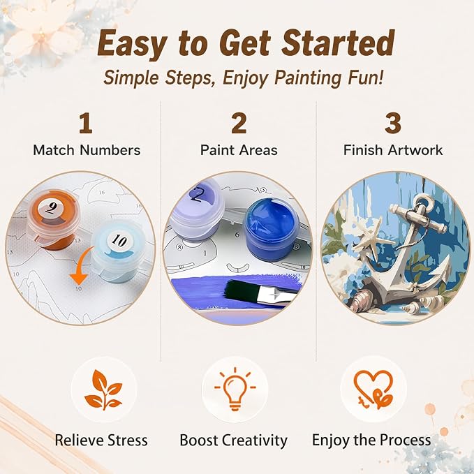 AUKELHJ 4 Pack Framed Paint by Numbers Kit for Adults, Beach, 8x8 inch