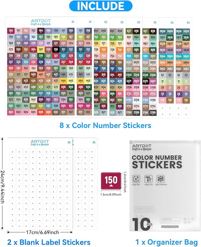 ARTDOT 2 Set Label Stickers for Diamond Art Storage Kits for Adults, 489 Colors Stickers Matched with Actual Embroidery Floss as Diamond Painting Accessories and Cross Stitch Supplies (Pack of 3)