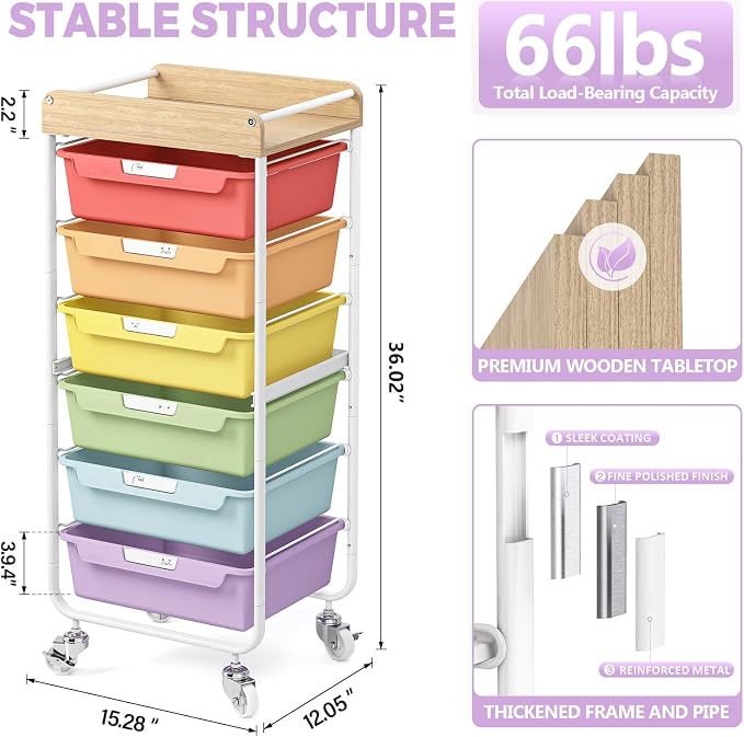 SYKIARIOL Utility Storage Cart with Jelly Bean Color Drawer for Classroom | Rolling Cart with Labeling 6 Drawers, for Kids Room, Dorm, School, Storage Study Arts Craft Sewing Supplies Organizers