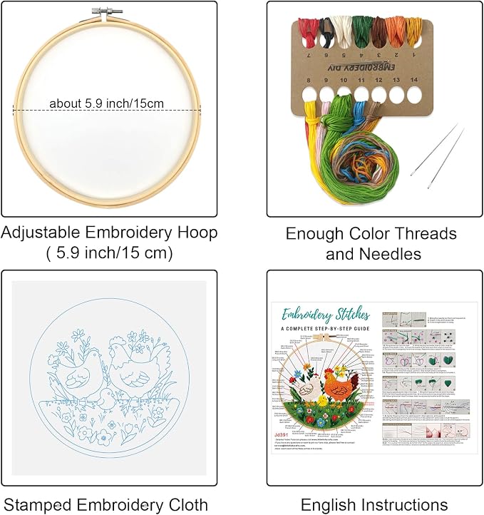 Louise Maelys Chicken Embroidery Kit for Beginners Farmhouse DIY | Cross Stitch Kits Include Pre-Printed Fabric, Embroidery Hoop, Threads, Needles and Guide. Needlepoint Kit for Beginners