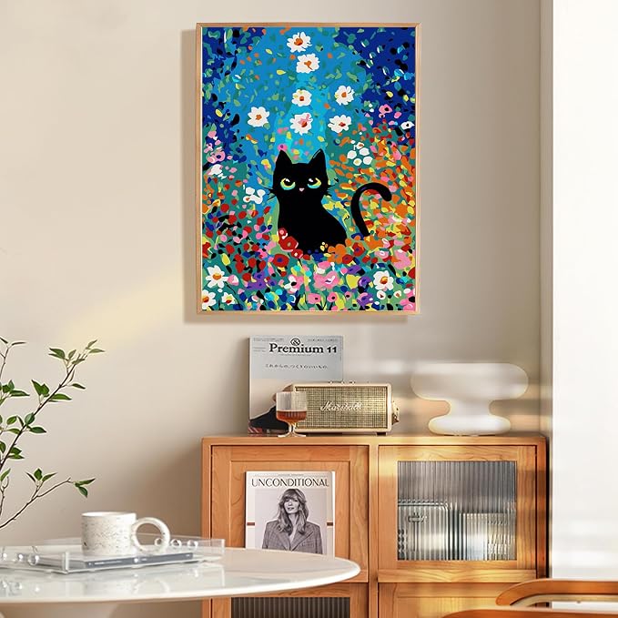 Fountor 12” W x 16”L Framed Paint by Numbers Kit for Adults Beginner, Black Cat Adult Paint by Number Kits on Canvas, Cat Flowers Acrylic Painting by Numbers for Home Decor Gift