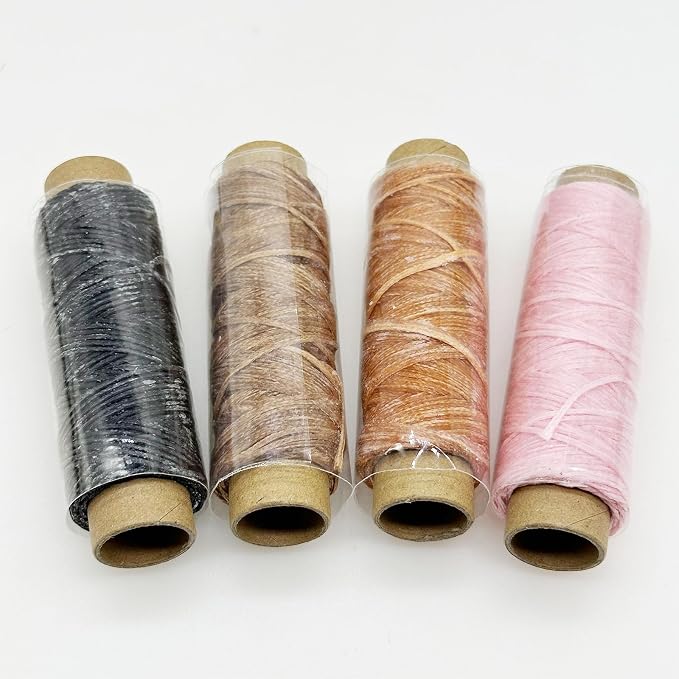 4 PCS Leather Sewing Waxed Thread, Each of 33 Yards 150D Sewing Thread Cord for Leather Craft DIY Supplies, Shoes Repairing, Black, Dark Khaki, Light Brown, Pink