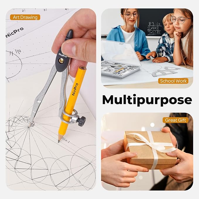 Nicpro 22 PCS Compass Geometry Tools with Case, Drafting Tool Geometry Set | With Swing Arm Protractor, Rulers, Metal Compass, Square Set, Mechanical Pencil, Back to School Supplies for Students