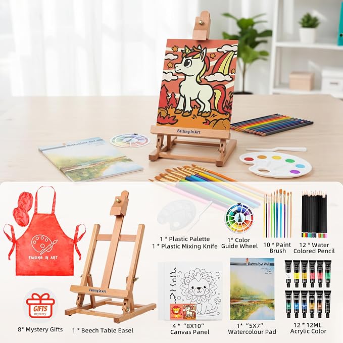 Falling in Art 52 Pcs Acrylic Paint Set with Table Easel, Red | Art Painting Kit with Paints, Canvas Panels, Paintbrushes, Canvas Supplies Kit for Kids, Adults, Beginners, and Artists
