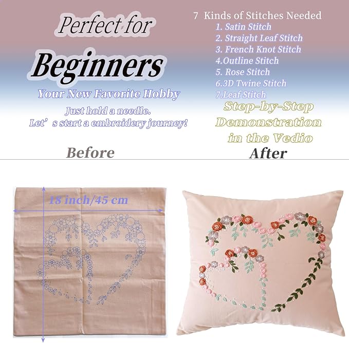 Crewel Pillow Case Embroidery Kit, Heart Shaped Loving You Floral Stamped Pattern Kits for Audlt Beginners, Works Crafts Throw Pillow Cover Great Gift for Loved Ones, 18 x 18'' (Coral)