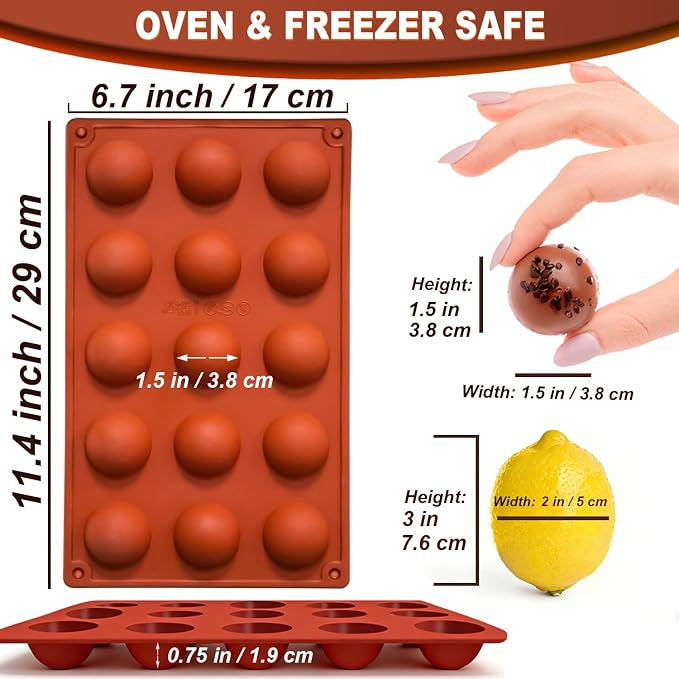 Lerykin Small 15-Cavity Semi Sphere Silicone Molds Non-Stick,2 Packs Half Sphere Silicone Baking Molds for Making Jelly, Chocolates and Cake