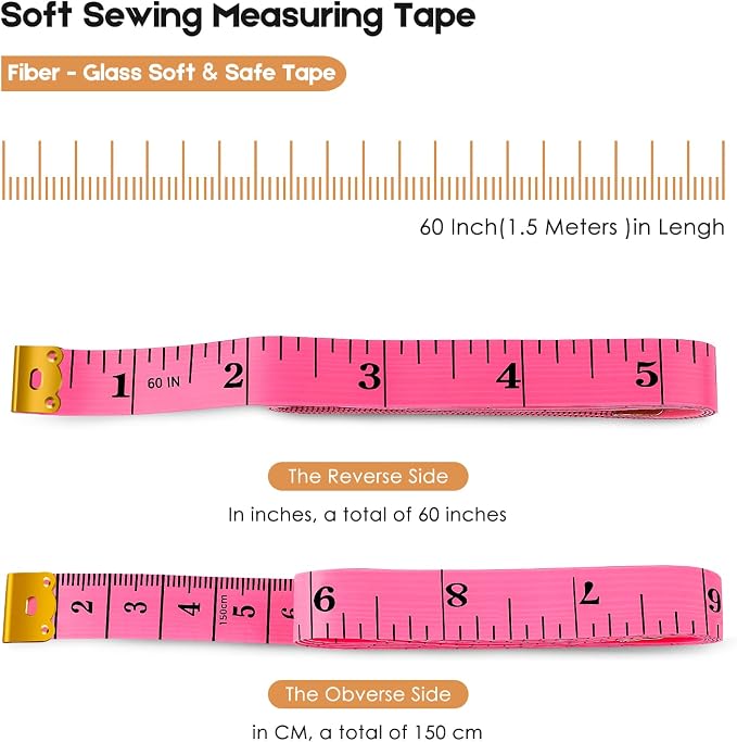 iBayam 2 Pack Tape Measure Measuring Tape for Body Fabric Sewing 60"/150cm | Soft Pink & Retractable Black Double Scales Ruler, Vinyl Measuring Tape for Tailor Home Craft Body Weight Loss Cloth Knitting