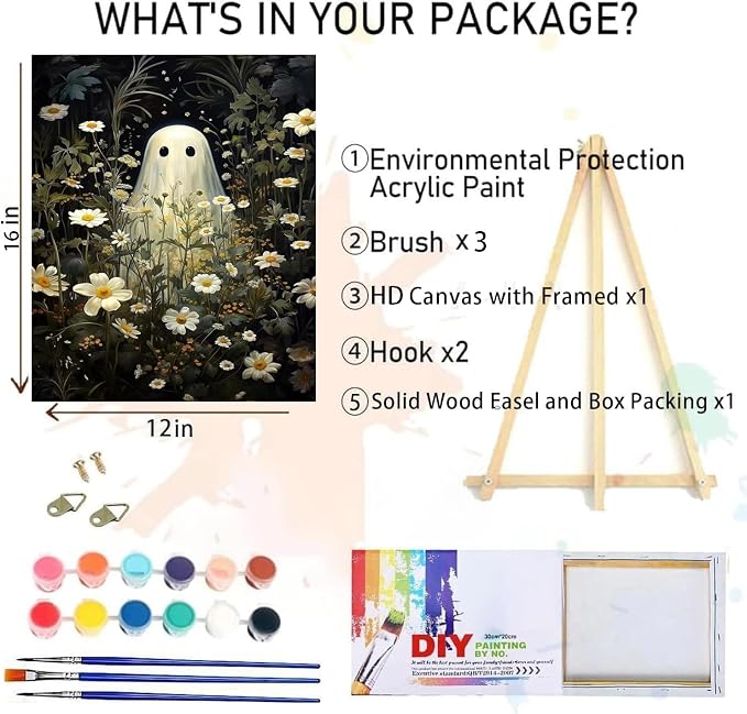 Halloween Paint by Numbers for Adults with Framed Canvas-with Wooden Easel,Ghost Paint by Number on Canvas,DIY Acrylic Oil Painting Kits with Brushes Nice Gift Box for Home Wall Decor(12x16 Inch)