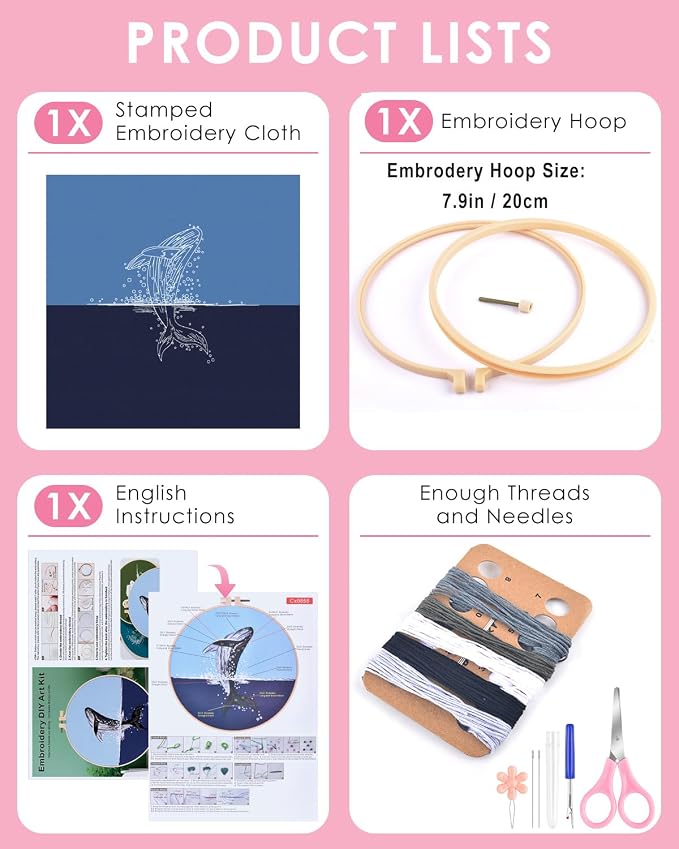 TINDTOP Embroidery Kit for Beginners Adult, Whale Embroidery Practice Kit | Include Embroidery Cloth Hoops Threads for Craft Lover Hand Stitch with Embroidery Skill Techniques
