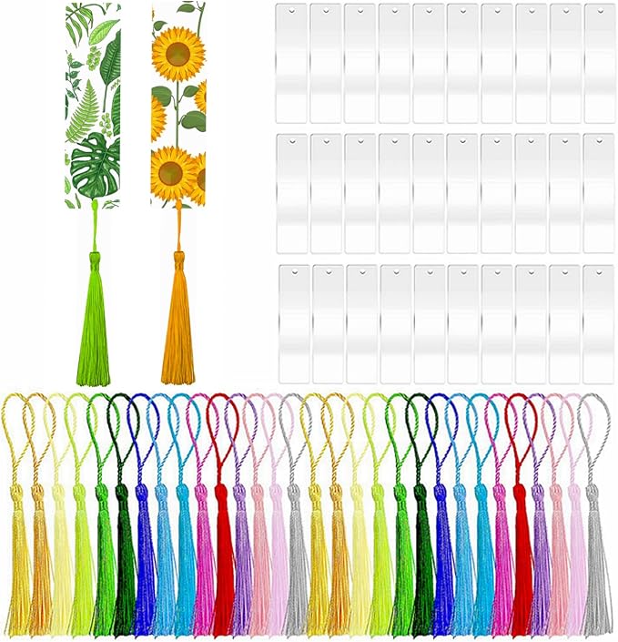 30Pcs Clear Acrylic Bookmark Blanks with Tassels, Rectangle DIY Craft Kit | 30Sets Bookmark Making Kits, Smooth Edge Clear Acrylic Blanks, Different Color Tassels,for DIY Book Marks Tags Handmade Gifts