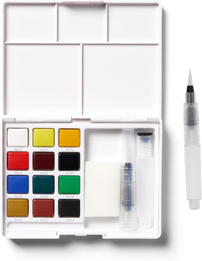 SAKURA XCNW-12H XNCW-12H, 12 Assorted Watercolors Field Sketch Set with Brush | Watercolor Sets for Painting On the Go, Includes Water Brush, Sponge, and Mixing Palette, Portable Travel Art Kit