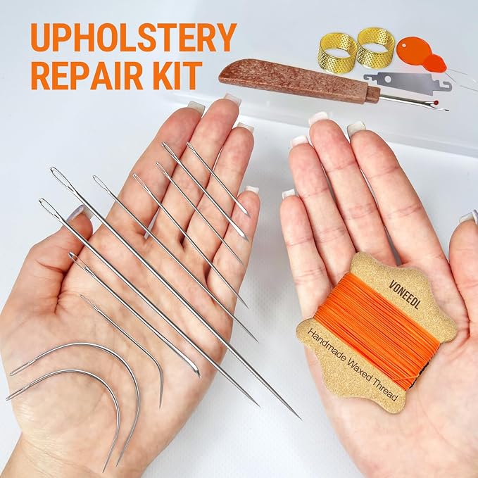 Upholstery Repair Kit: Waxed Sewing Thread (Orange Color) & Heavy Duty Needles (11 PCS) for Leather, Canvas & Quilting Thread