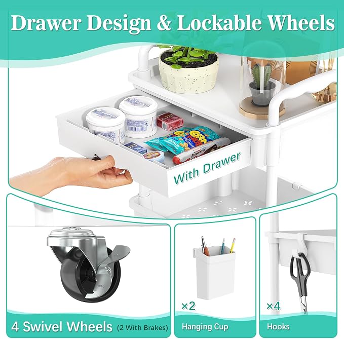 SUNALLY 4 Tier Rolling Cart with Drawer, Craft Storage Cart Organizer,White