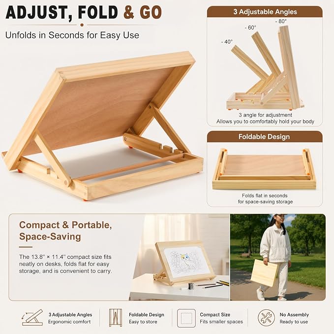 13.8"x11.4" Wooden Tabletop Easel with Paint & Sketch Papers, Masking Tape | Adjustable Art Easel Stand with 3 Angle Settings, Drawing Board for Canvas Painting, Sketching, Book Reading, Tablet Display