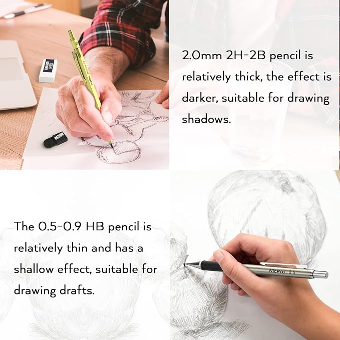Nicpro Gold Art Mechanical Pencil Set | Metal Drafting Pencil 0.5, 0.7, 0.9mm & 2mm Lead Holder(2B HB 2H) For Sketching Drawing With Lead Refills Case