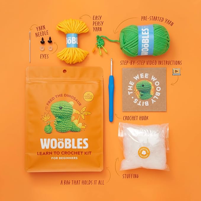 The Woobles Crochet Kit for Beginners (Fred the Dinosaur) | As seen on Shark Tank, Kit includes: Easy Peasy Yarn, pre-started piece, hook, safety eyes, stuffing, video tutorials