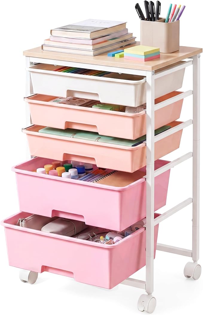 VASAGLE Rolling Cart with Drawers,5 Drawers Storage Cart, Pink