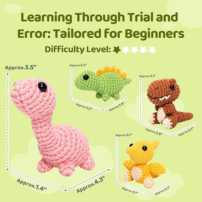 Mewaii Crochet Kit for Beginners, 4 Pack Dinosaur Set Craft Set | 40% Extra Yarn, Video Tutorial, Pre-Started Piece, Beginner Friendly, Family Craft Gift for Adults & Kids
