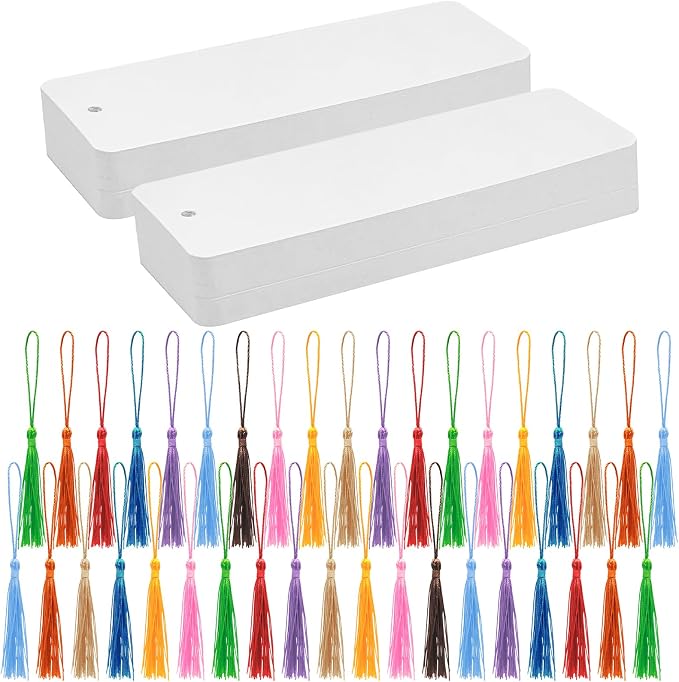 100 Sets Blank Bookmarks with Tassels 350 GSM Paper Bookmark DIY Bookmarks | DSYIL White Cardstock Bookmarks Blank Bookmark to Decorate for Classroom Projects, Home Crafts and Making Gifts, 5.5 x 2 Inch