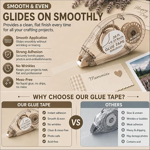 MARCADORUS Glue Tape Roller, Double Sided Scrapbook Tape, 208 Ft Total | 8-Pack_26Ft x 0.31In Tape Runner, Adhesive for Photos, Scrapbooking, Card Making, Paper Crafts & Journaling Supplies
