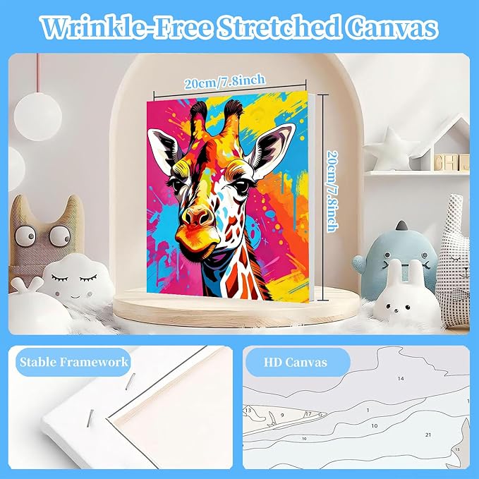 Arttoplus 4 Pack Paint by Numbers Kit for Kids with Frame, Animals 8x8in | Kids Paint by Numbers Ages 4-8-12 with Wooden Easel, Dinosaur Cow Horse Giraffe Oil Painting by number for Gift Home Decor
