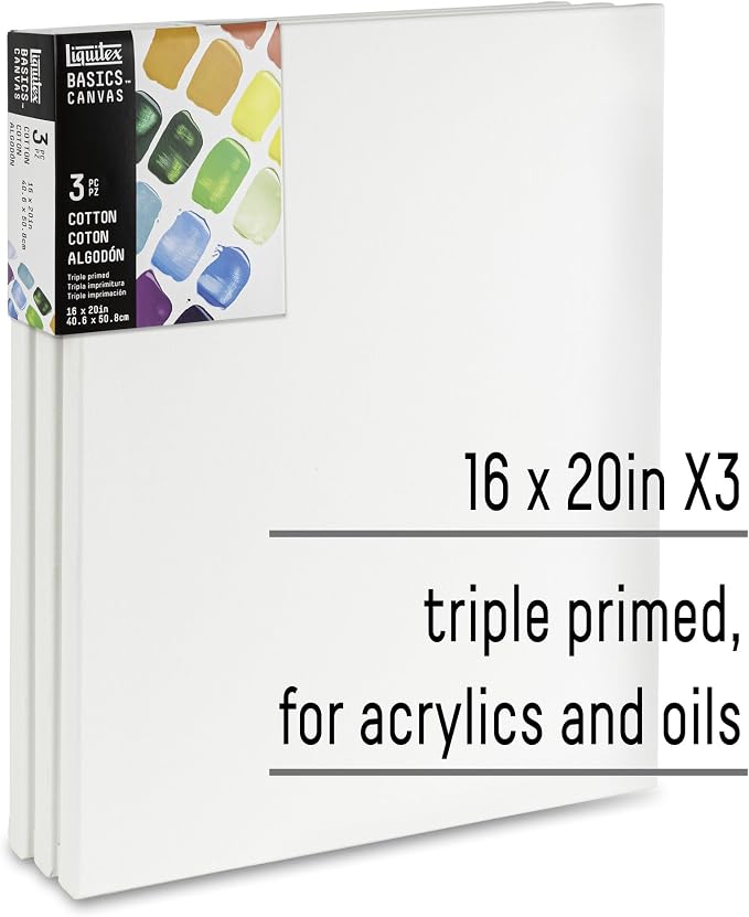 Liquitex BASICS Canvas, 3 pack, 16" x 20" | Archival, Acid-Free, Non-Toxic, Medium Texture Cotton, Pre-primed with a triple layer of acrylic gesso, Stapled & Stretched