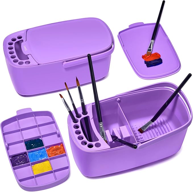 GAMENOTE Paint Brush Cleaner, Paint Brush Holder and Palette, Purple | All-in-one painting station washes and rests brushes, mixes colors, and stores paint in 18 wells with a portable handle.