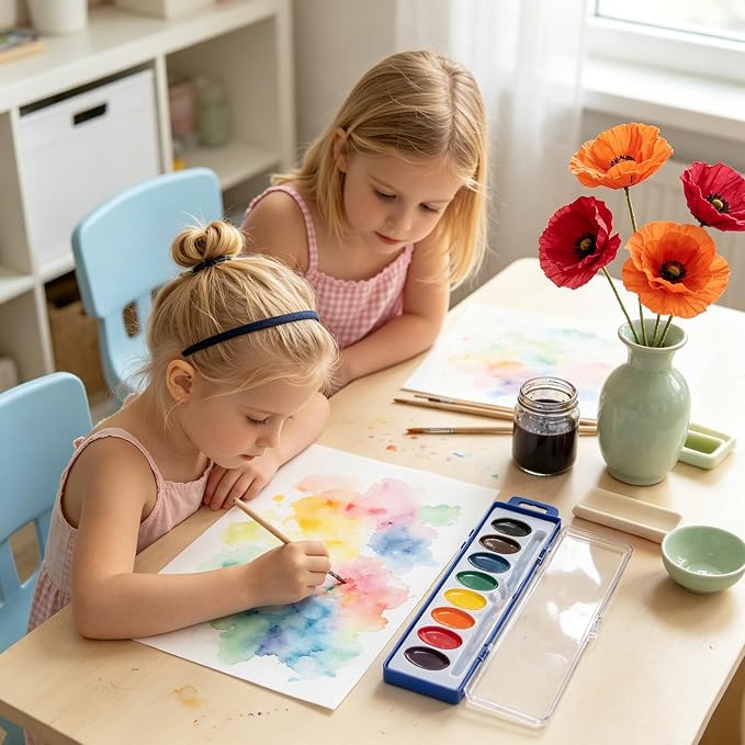 6 Pack Watercolor Paint Set, 8 Colors Water Color Paint Sets for kids | Washable, with Wood Brush, Art Supplies, Non-Toxic, for Classroom, Children, Student, Party Favor, Bulk