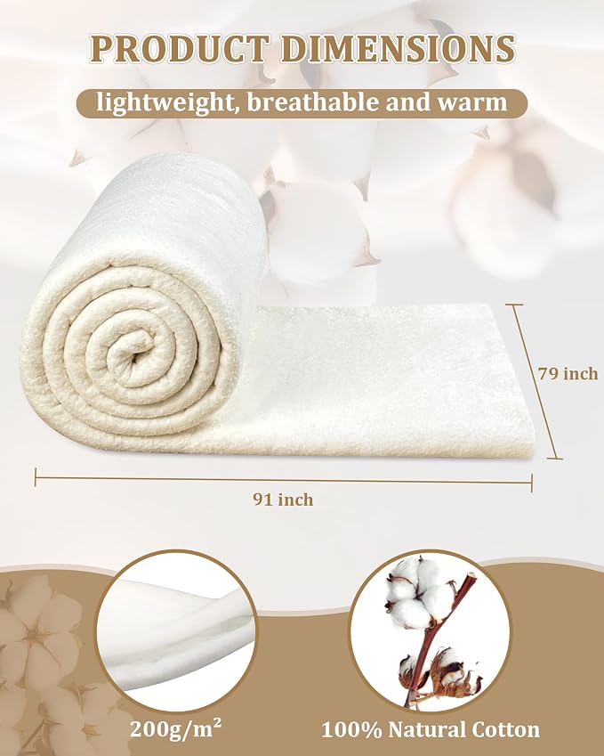79" x 91" Grinding Natural Cotton Quilt Batting, Quilt Batting for Quilts
