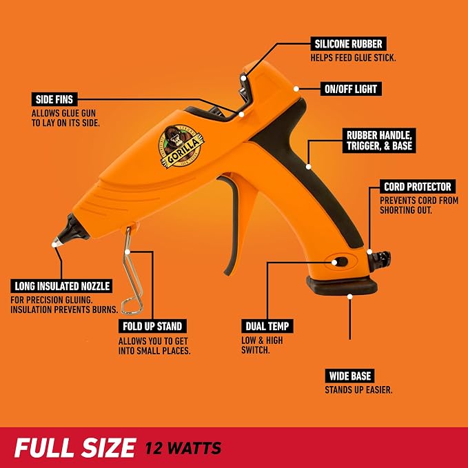 Gorilla Hot Glue Gun, Dual Temp | Precision Nozzle | Easy Squeeze Trigger | 45 Sticks, Pack of 5